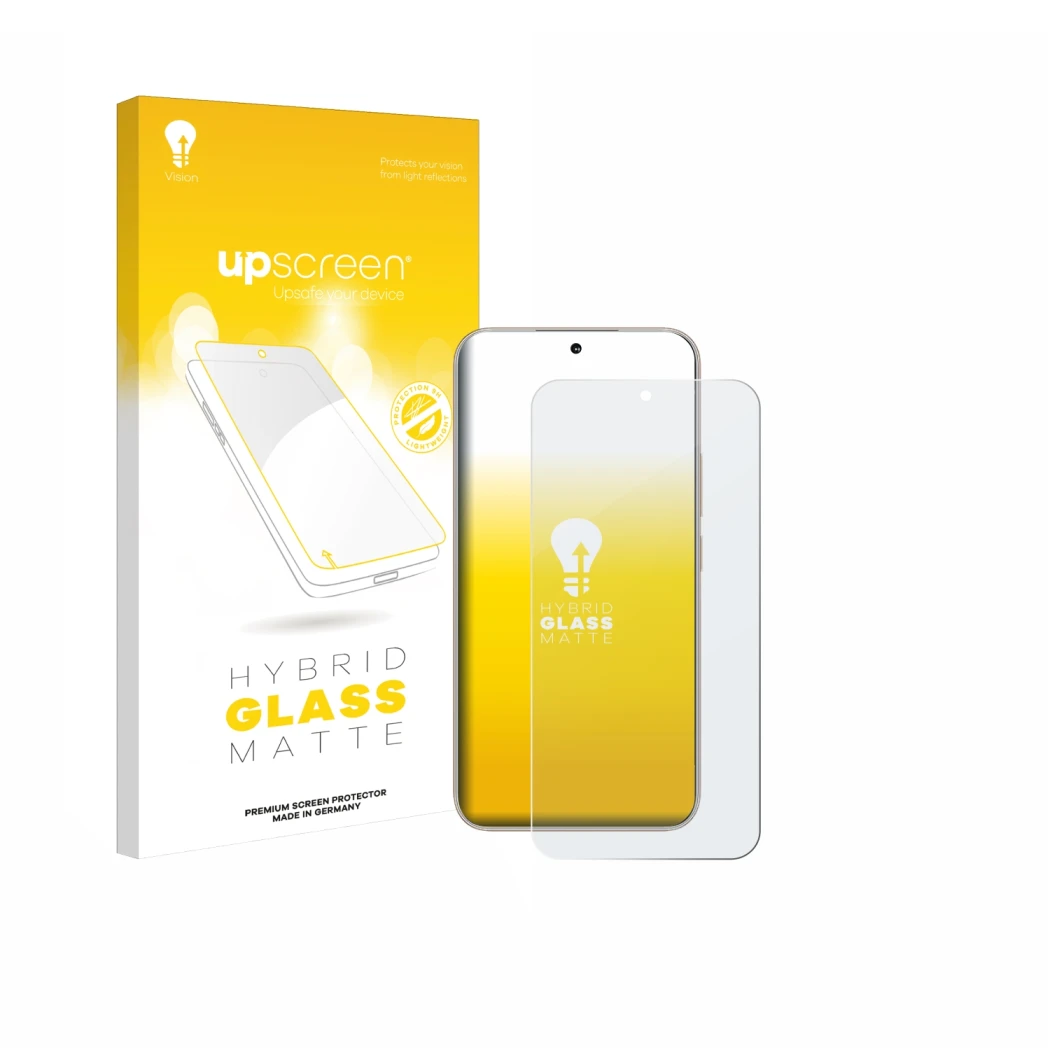 Parte frontal de un envase de producto con el logotipo de la marca upscreen. Al lado se muestra el dispositivo Honor 400 con s