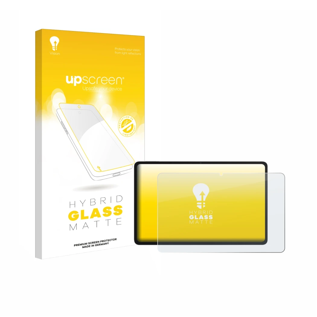 Parte frontal de un envase de producto con el logotipo de la marca upscreen. Al lado se muestra el dispositivo Honor Pad 10 co