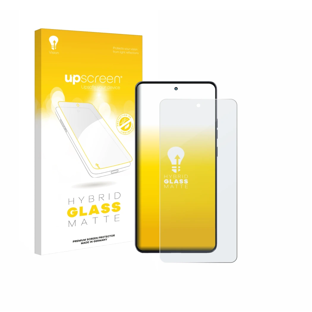 Parte frontal de un envase de producto con el logotipo de la marca upscreen. Al lado se muestra el dispositivo Motorola Moto G