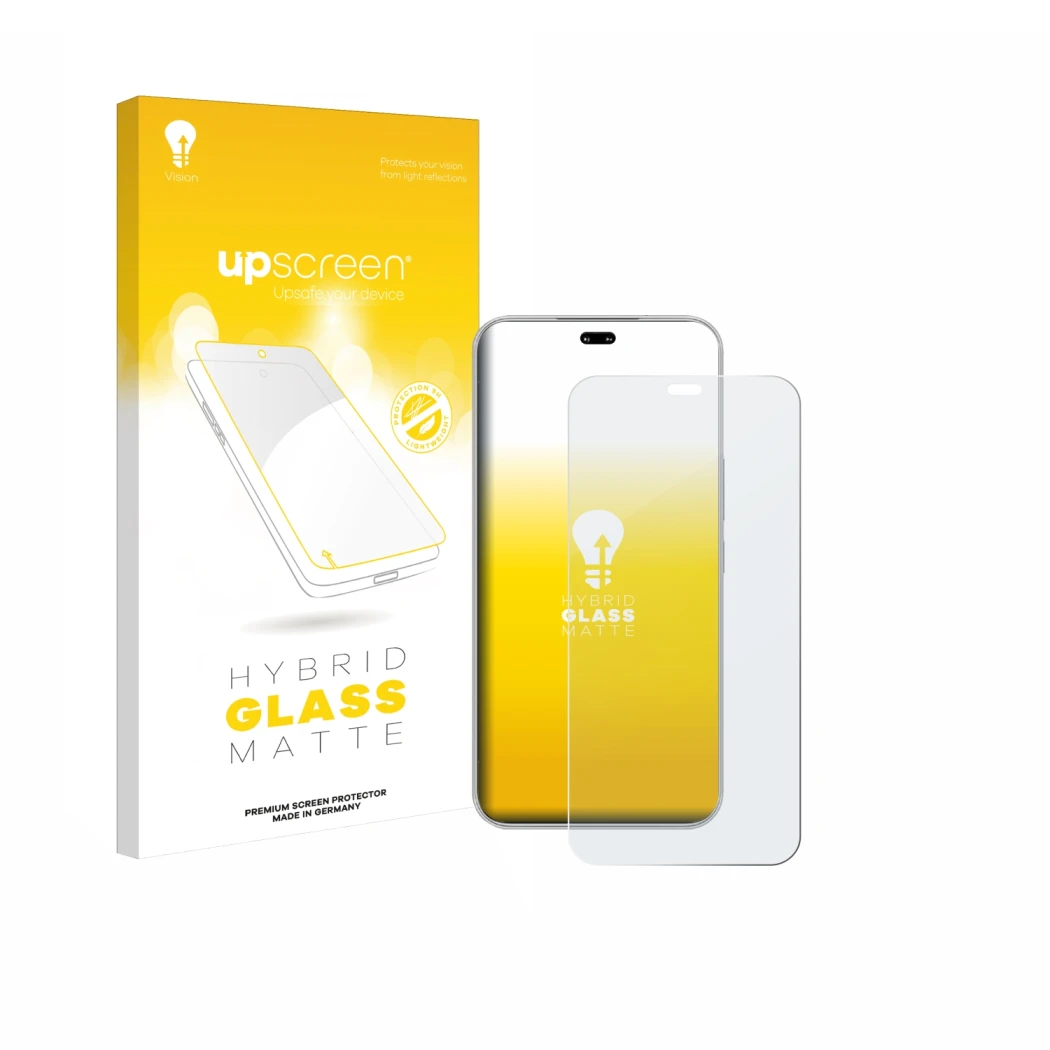 Parte frontal de un envase de producto con el logotipo de la marca upscreen. Al lado se muestra el dispositivo Honor 400 Pro c