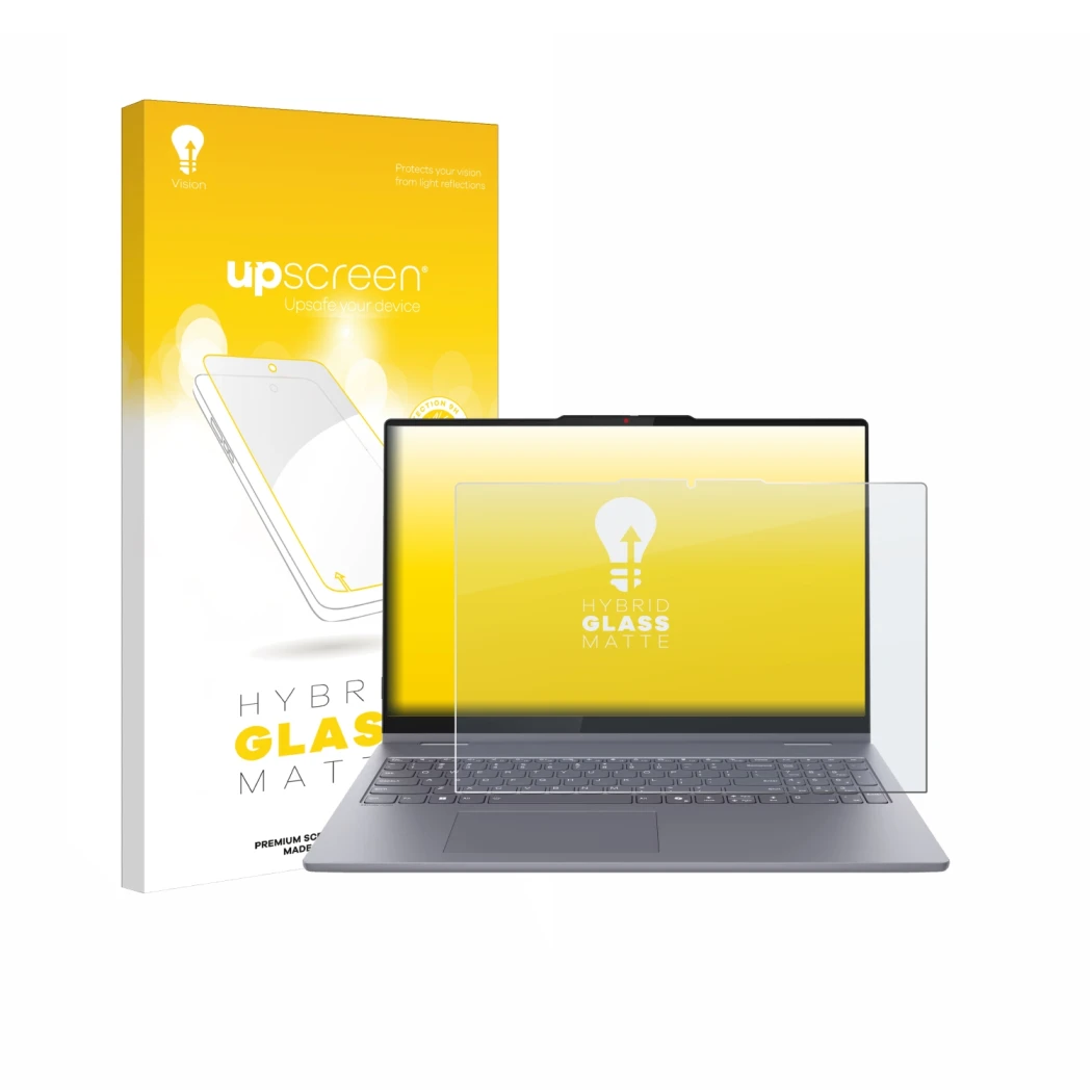 Parte frontal de un envase de producto con el logotipo de la marca upscreen. Al lado se muestra el dispositivo Lenovo IdeaPad 