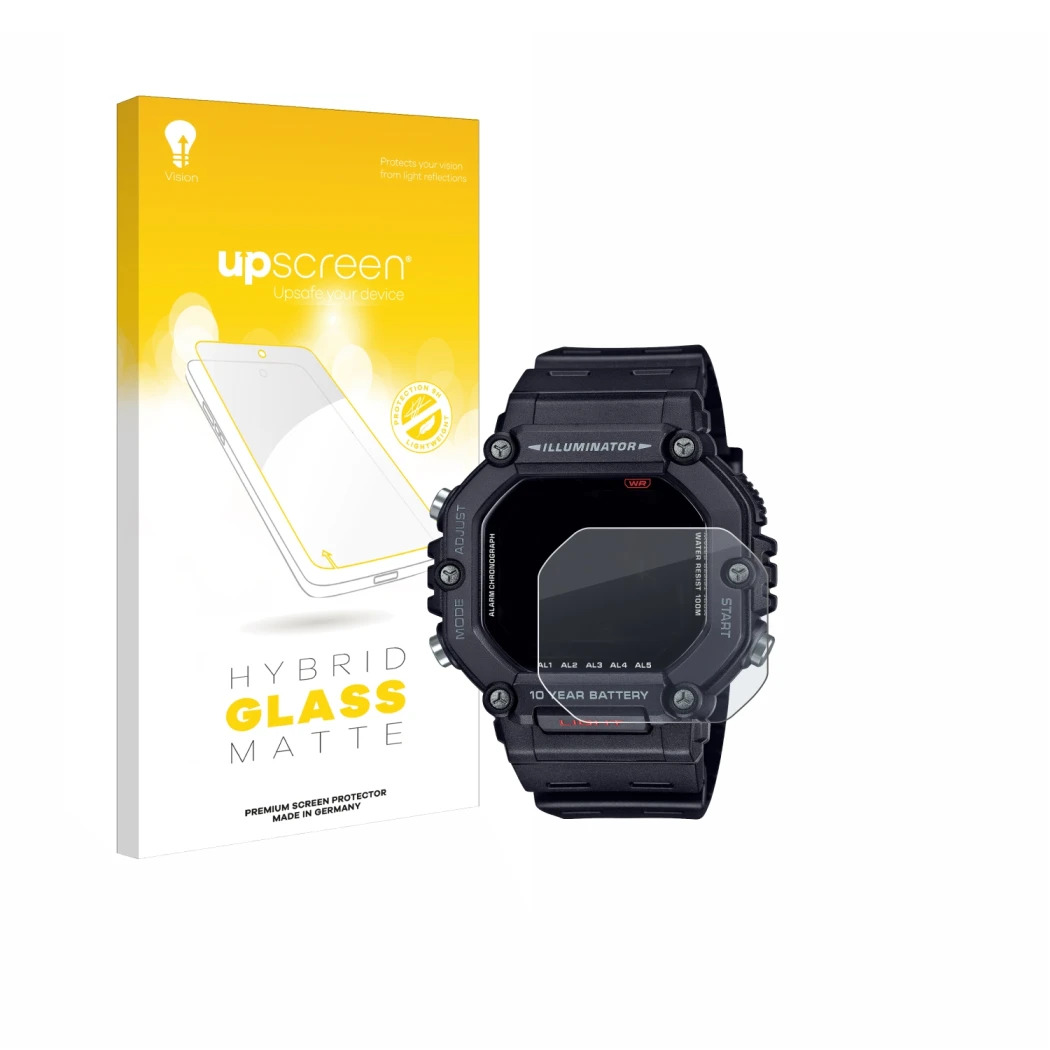 Parte frontal de un envase de producto con el logotipo de la marca upscreen. Al lado se muestra el dispositivo Casio AE-1600H 