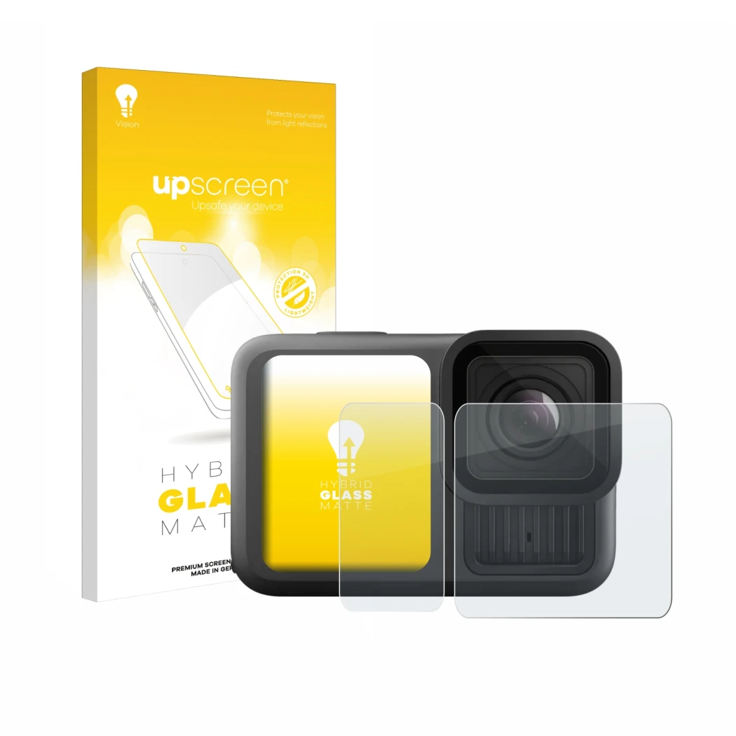 Parte frontal de un envase de producto con el logotipo de la marca upscreen. Al lado se muestra el dispositivo GoPro Hero 13 B