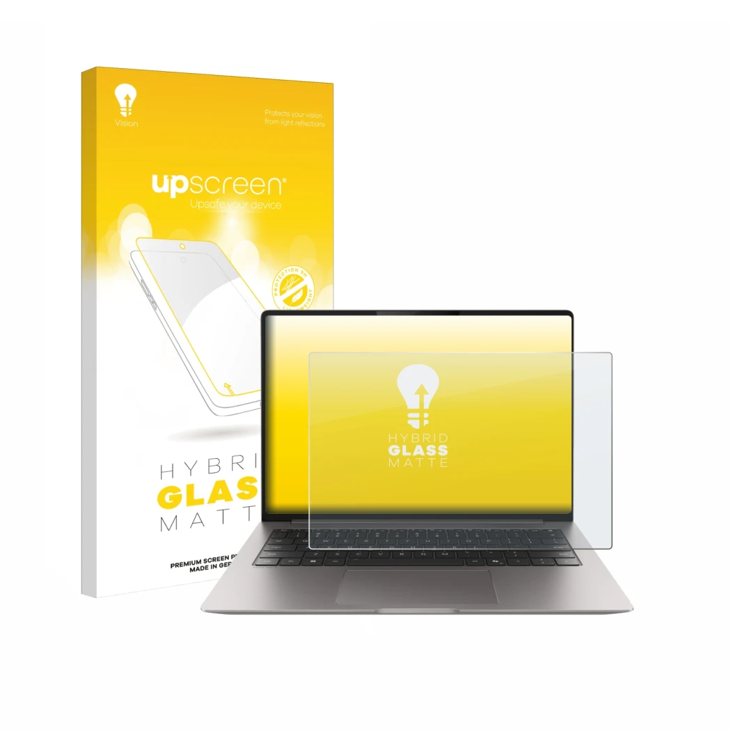 Parte frontal de un envase de producto con el logotipo de la marca upscreen. Al lado se muestra el dispositivo Honor MagicBook