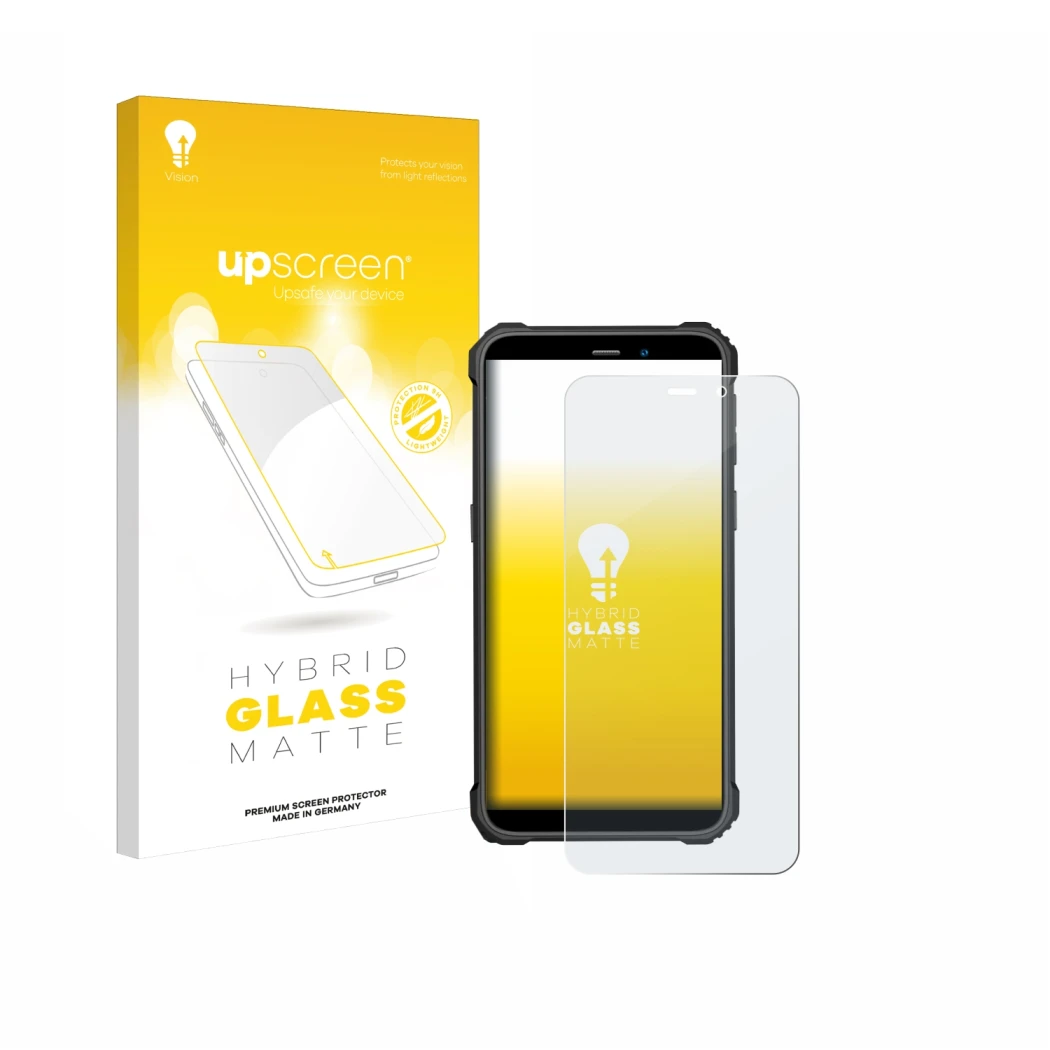Parte frontal de un envase de producto con el logotipo de la marca upscreen. Al lado se muestra el dispositivo Oukitel WP32 Pr