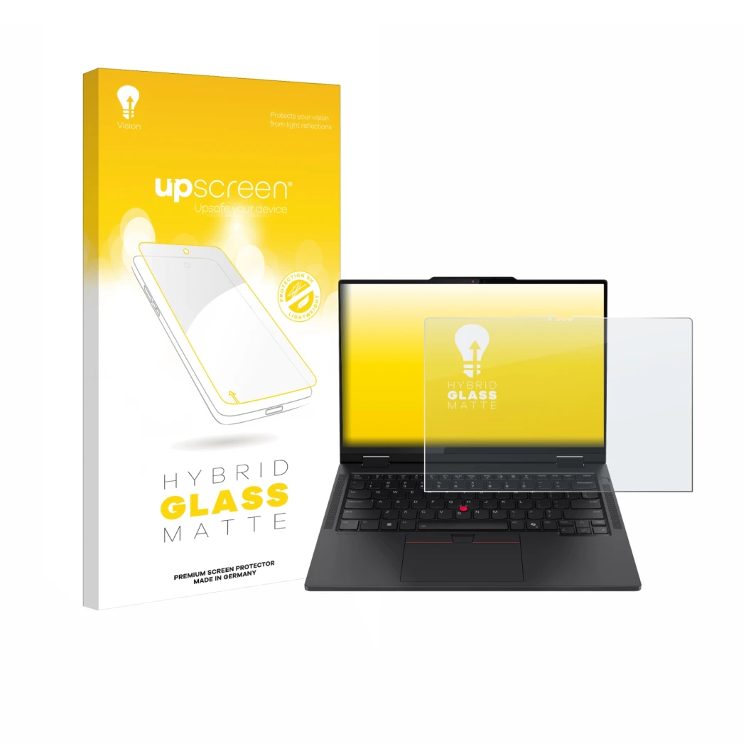 Parte frontal de un envase de producto con el logotipo de la marca upscreen. Al lado se muestra el dispositivo Lenovo ThinkPad