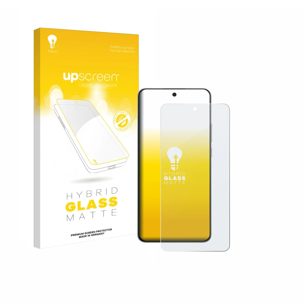 Parte frontal de un envase de producto con el logotipo de la marca upscreen. Al lado se muestra el dispositivo OnePlus Nord CE