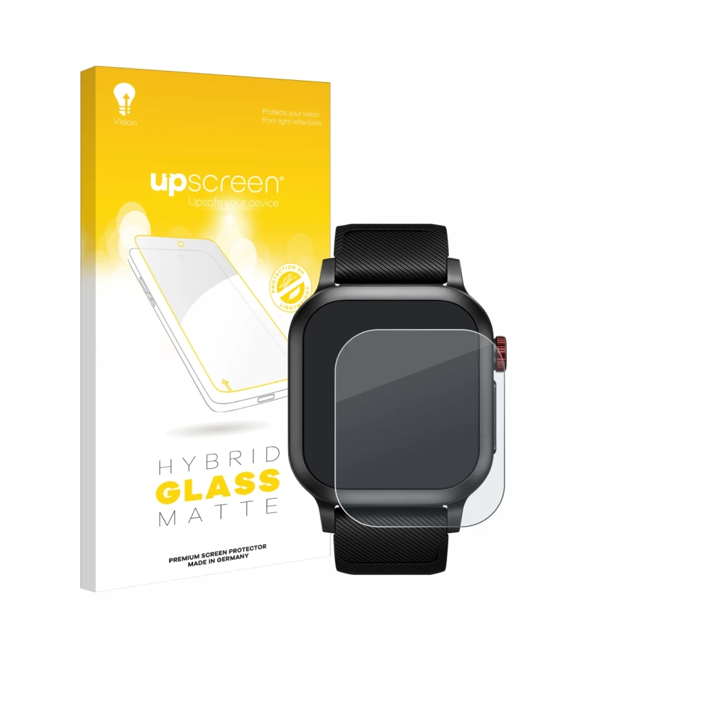 Parte frontal de un envase de producto con el logotipo de la marca upscreen. Al lado se muestra el dispositivo Haylou Iron Neo