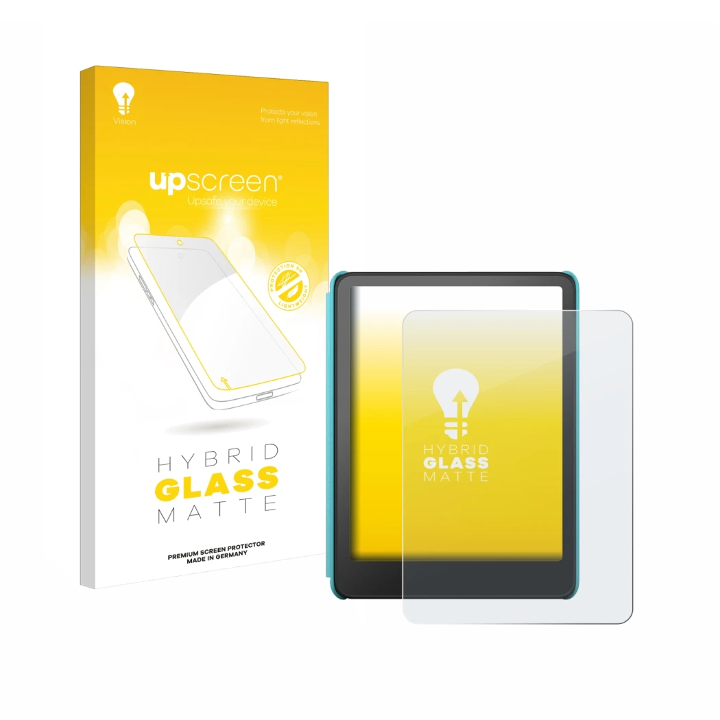 Parte frontal de un envase de producto con el logotipo de la marca upscreen. Al lado se muestra el dispositivo Amazon Kindle C