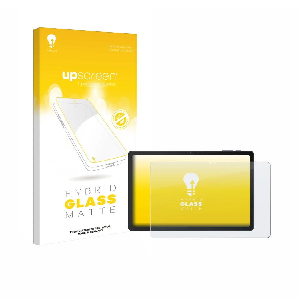 Parte frontal de un envase de producto con el logotipo de la marca upscreen. Al lado se muestra el dispositivo VALE Tablet V11