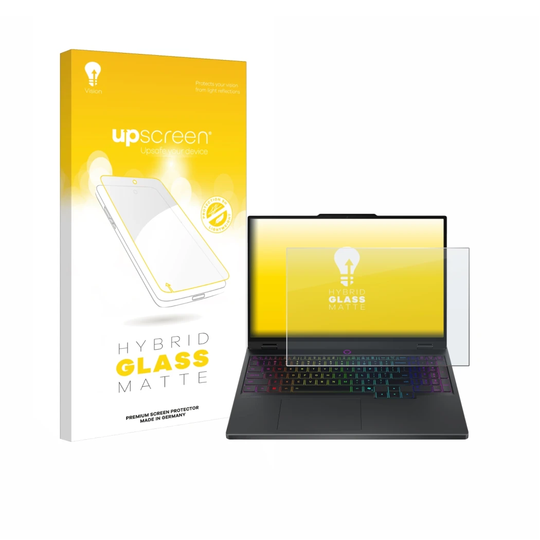 Parte frontal de un envase de producto con el logotipo de la marca upscreen. Al lado se muestra el dispositivo Lenovo Legion 5