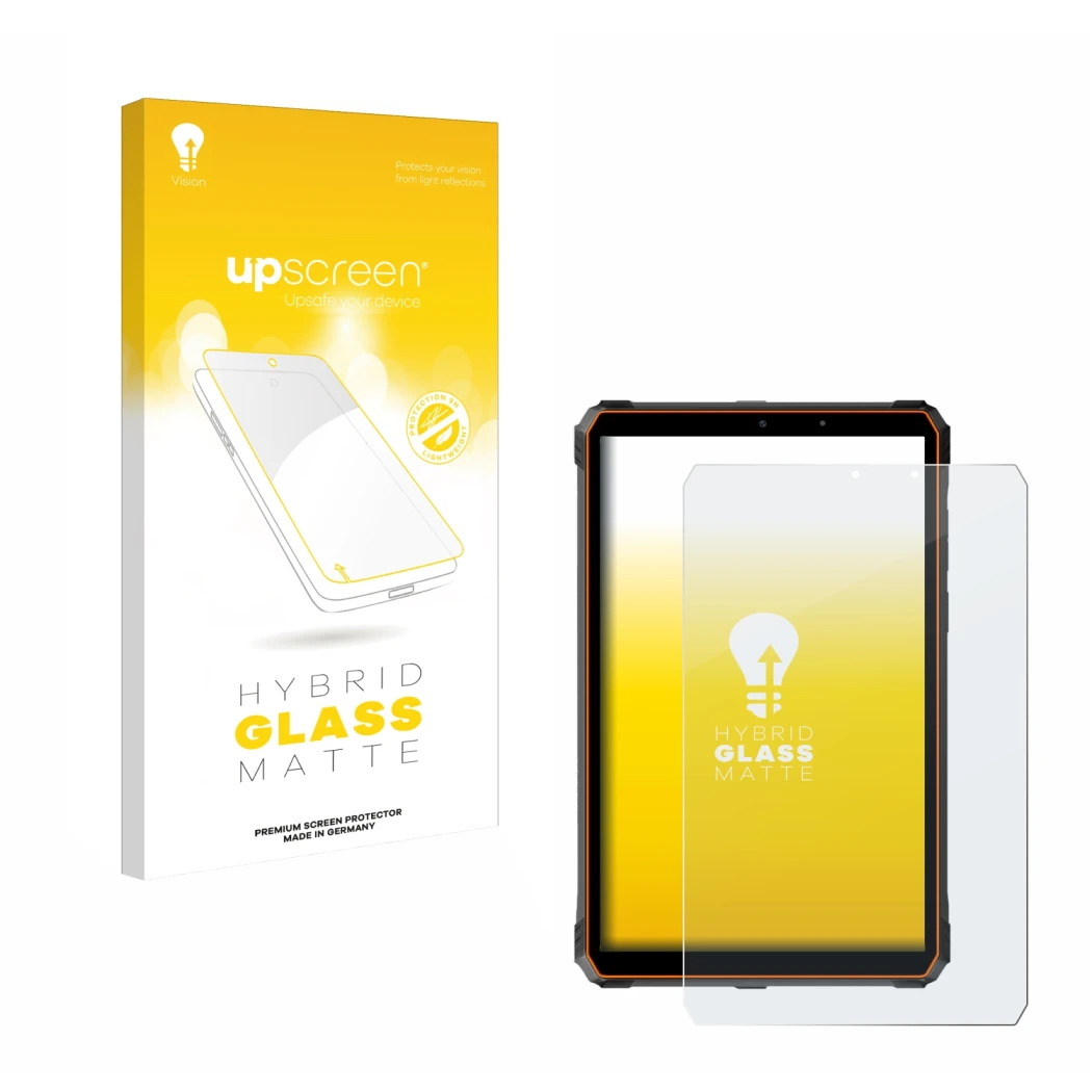 Parte frontal de un envase de producto con el logotipo de la marca upscreen. Al lado se muestra el dispositivo Blackview Activ