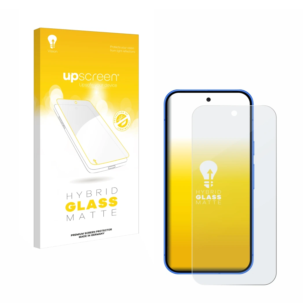 Parte frontal de un envase de producto con el logotipo de la marca upscreen. Al lado se muestra el dispositivo Google Pixel 10