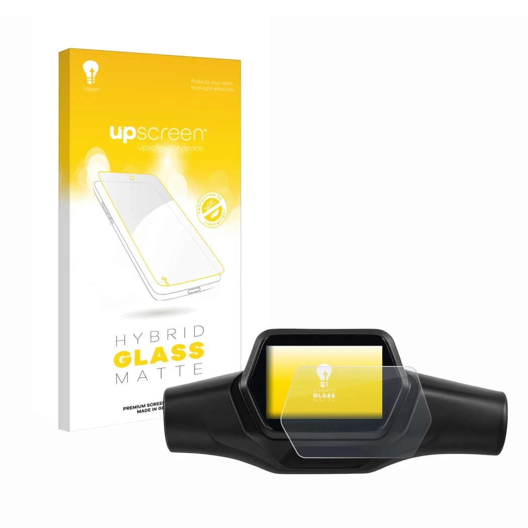 Parte frontal de un envase de producto con el logotipo de la marca upscreen. Al lado se muestra el dispositivo Segway Ninebot 