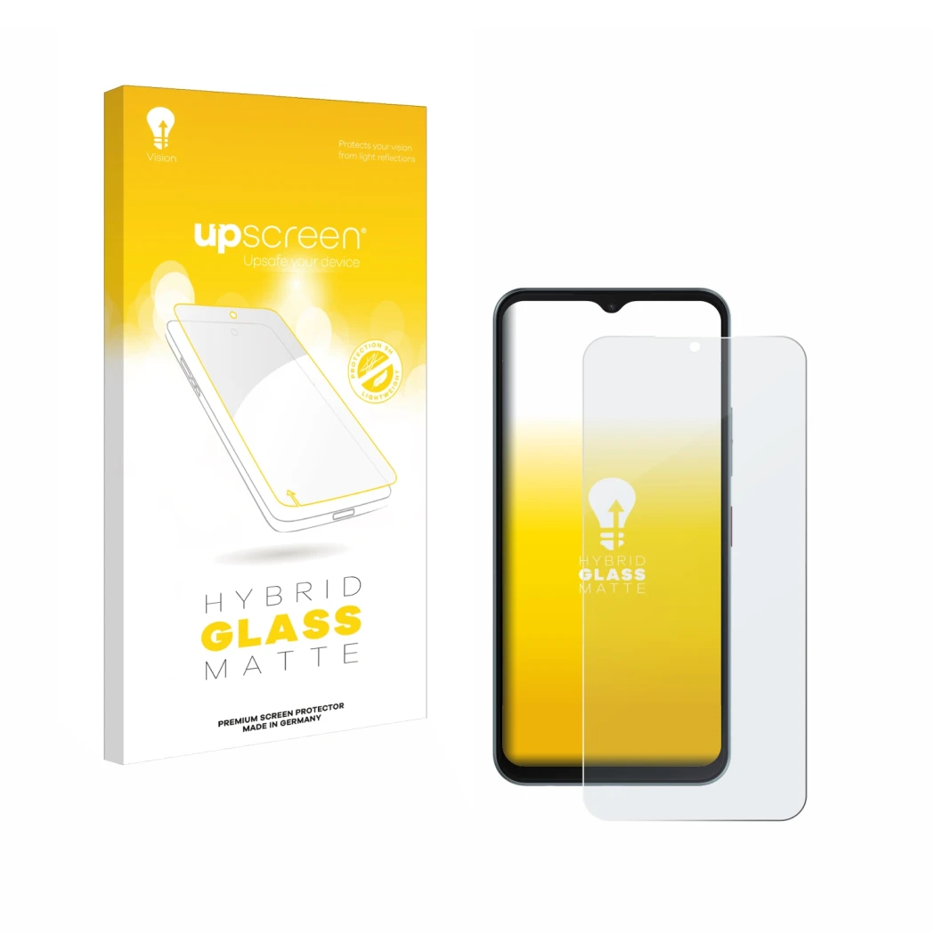 Parte frontal de un envase de producto con el logotipo de la marca upscreen. Al lado se muestra el dispositivo Telekom T Phone