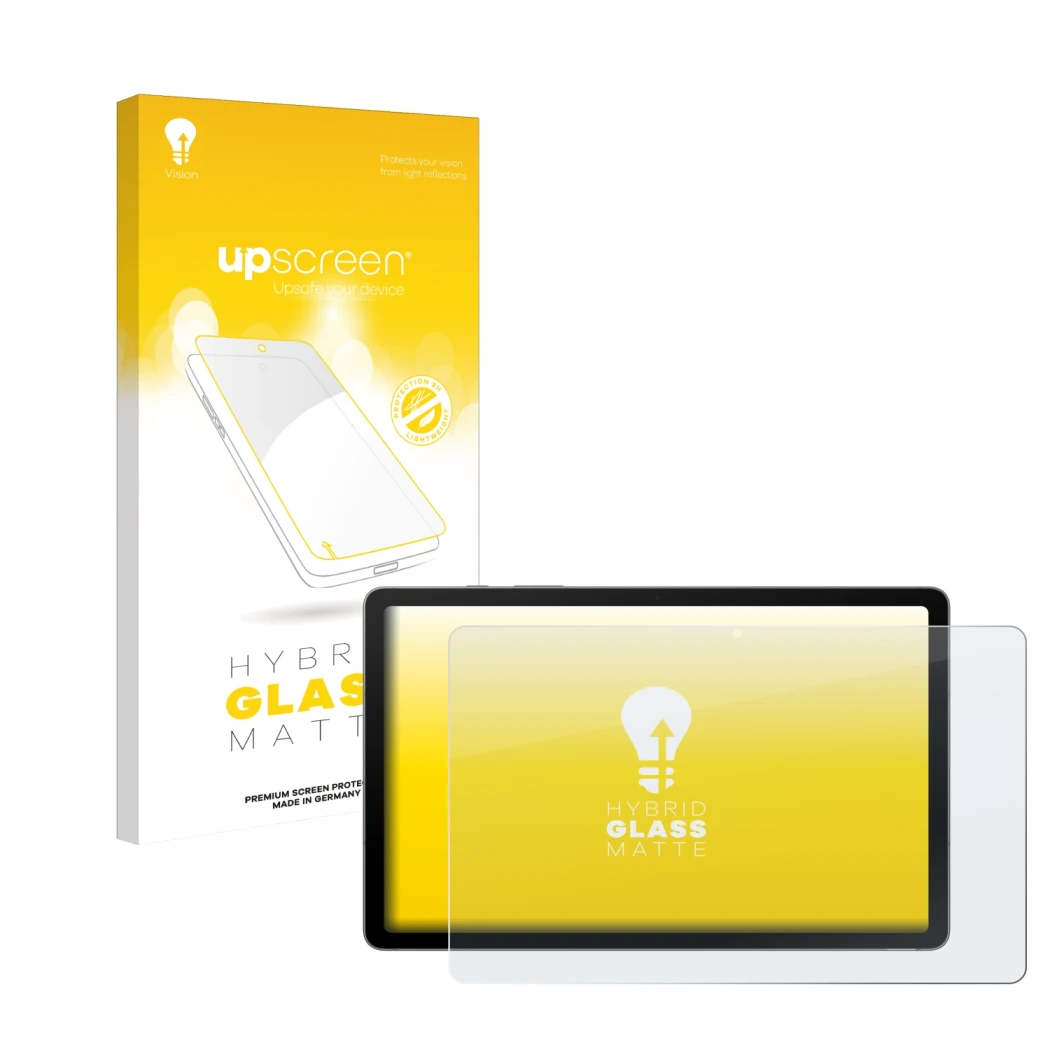 Parte frontal de un envase de producto con el logotipo de la marca upscreen. Al lado se muestra el dispositivo Samsung Galaxy 