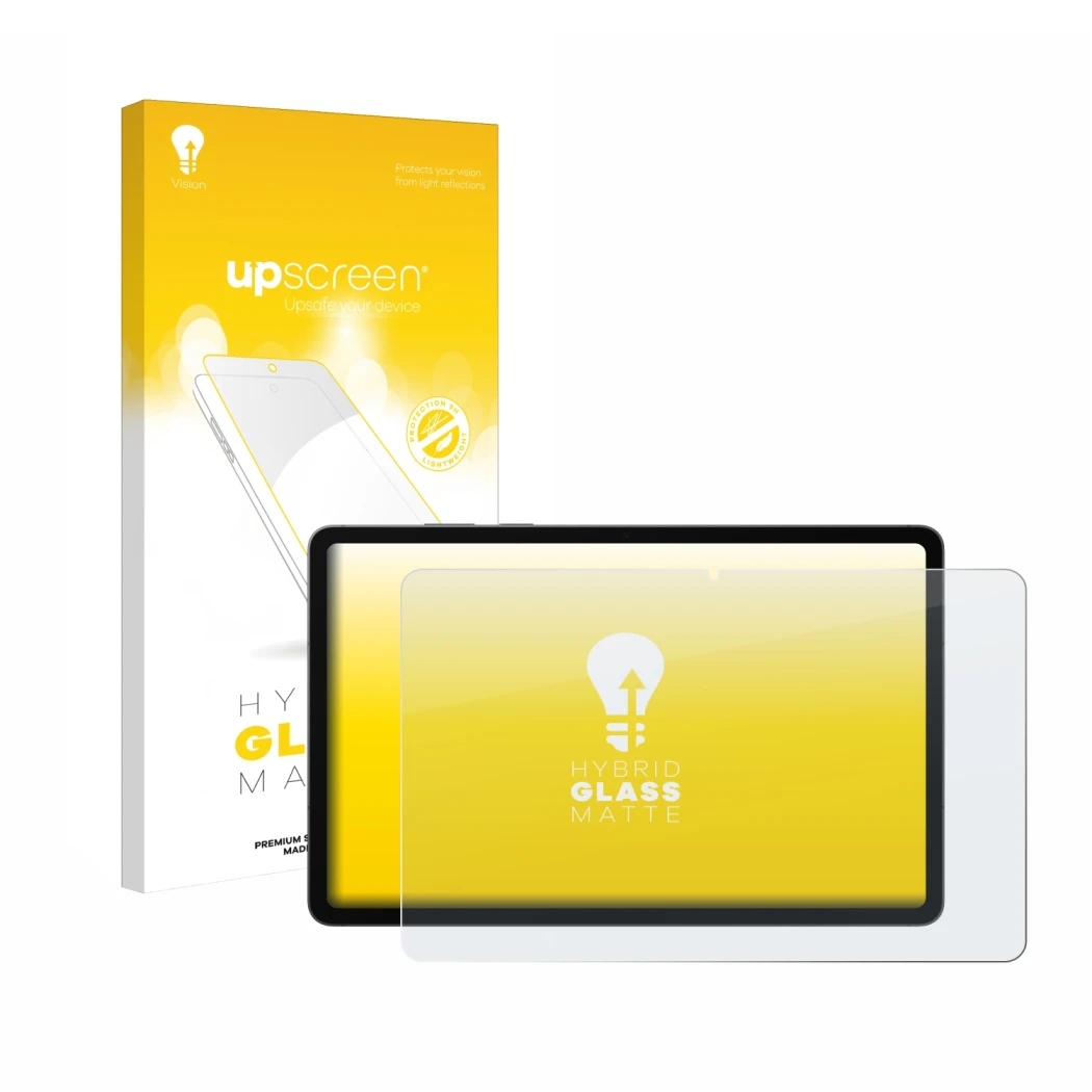 Parte frontal de un envase de producto con el logotipo de la marca upscreen. Al lado se muestra el dispositivo Samsung Galaxy 