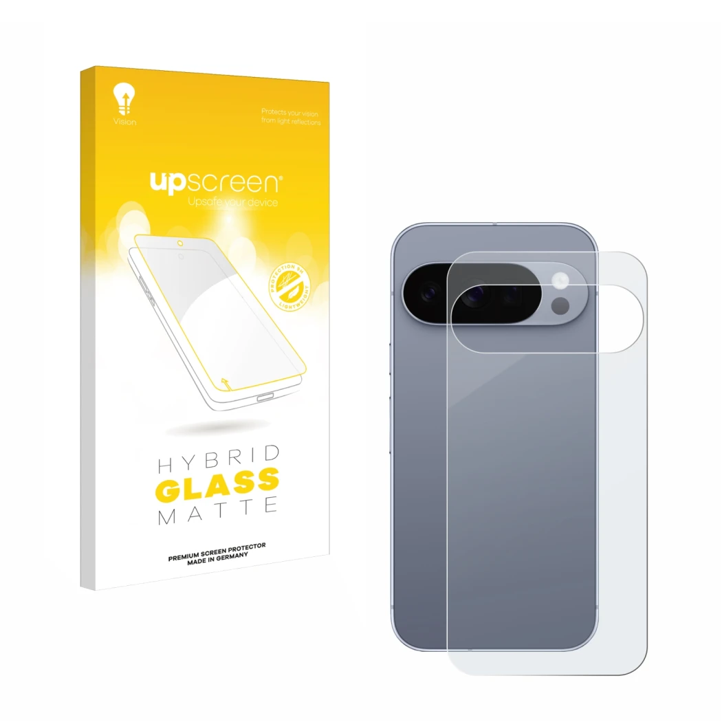 Parte frontal de un envase de producto con el logotipo de la marca upscreen. Al lado se muestra el dispositivo Google Pixel 10