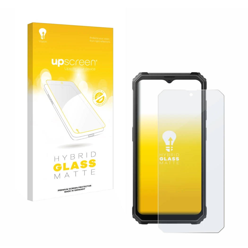 Parte frontal de un envase de producto con el logotipo de la marca upscreen. Al lado se muestra el dispositivo Blackview BV480