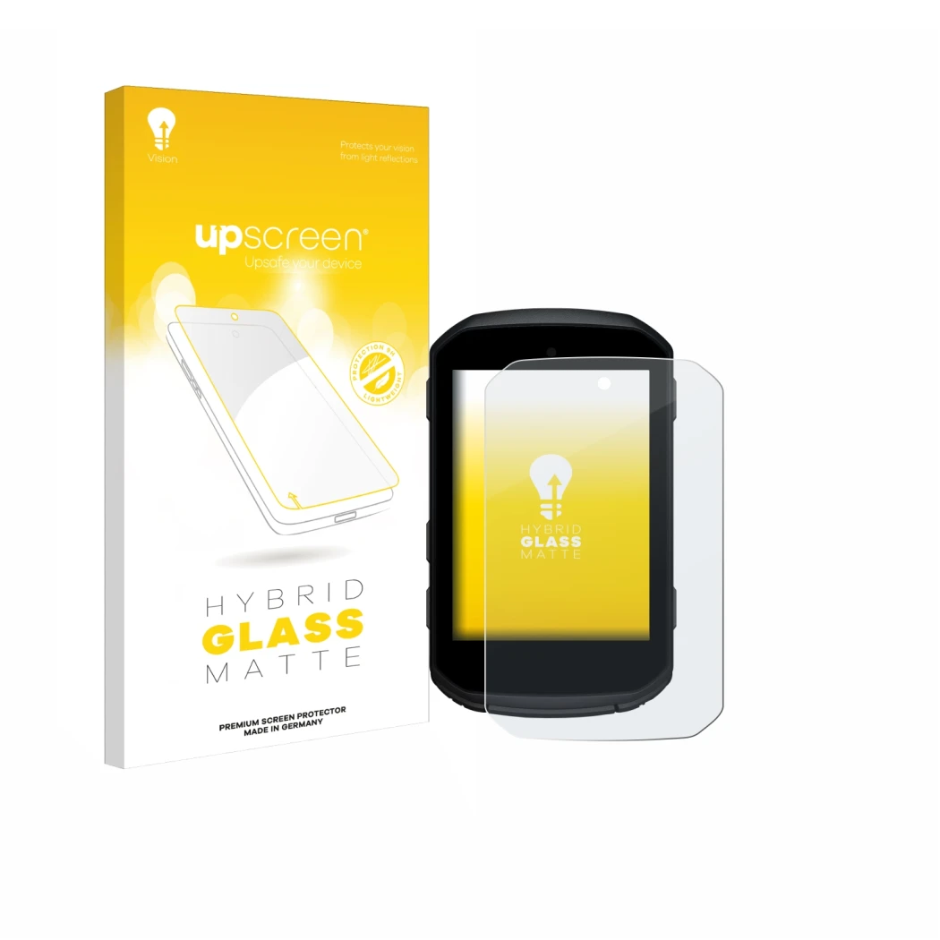 Parte frontal de un envase de producto con el logotipo de la marca upscreen. Al lado se muestra el dispositivo Garmin Edge 850