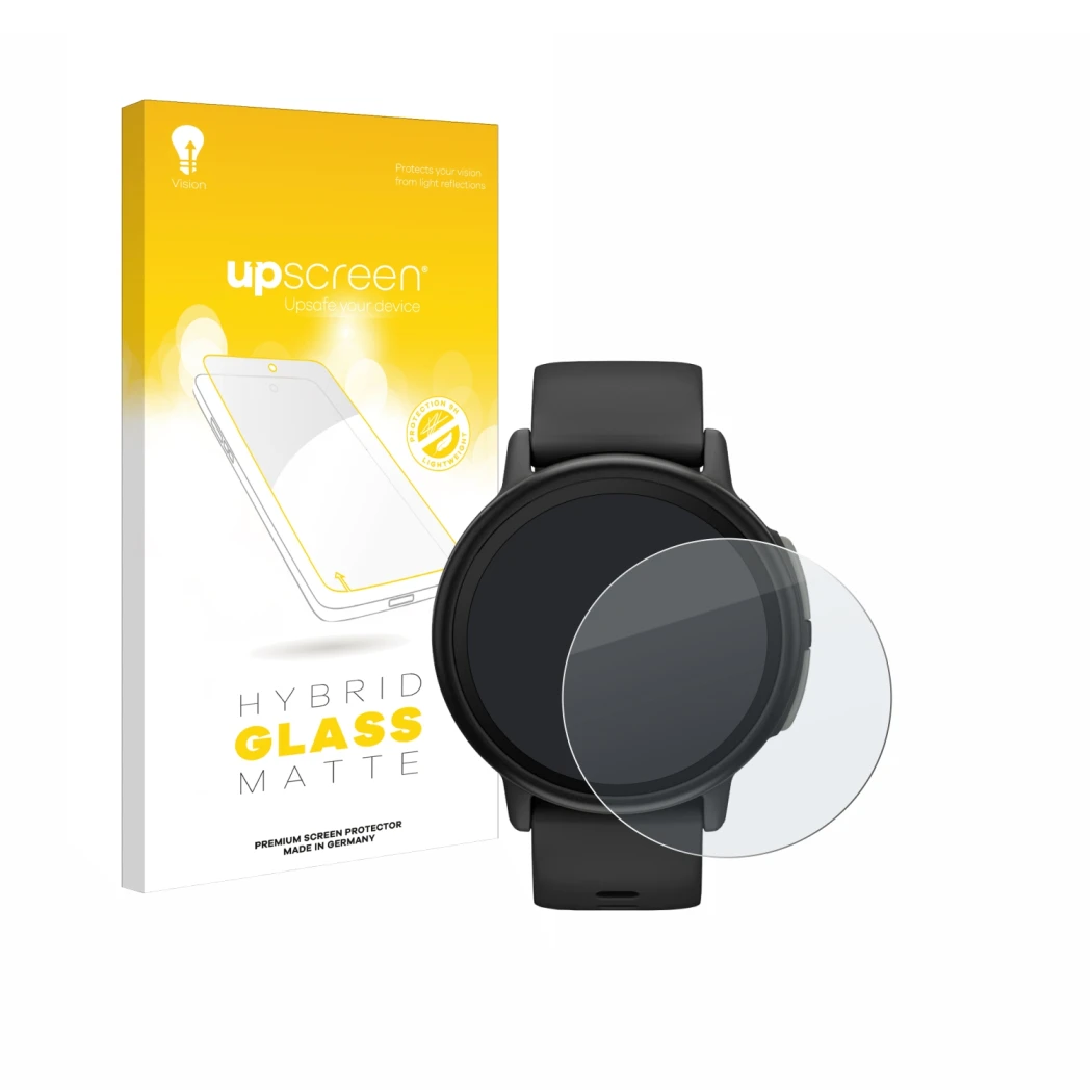 Parte frontal de un envase de producto con el logotipo de la marca upscreen. Al lado se muestra el dispositivo Garmin Bounce 2