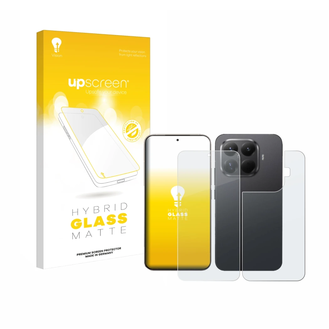 Parte frontal de un envase de producto con el logotipo de la marca upscreen. Al lado se muestra el dispositivo Xiaomi 15T Pro 