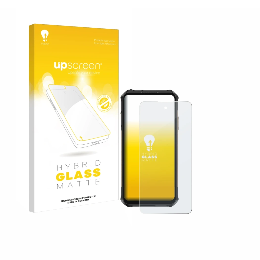 Parte frontal de un envase de producto con el logotipo de la marca upscreen. Al lado se muestra el dispositivo Ulefone Armor X
