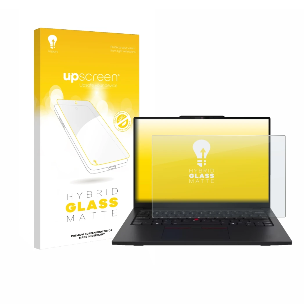 Parte frontal de un envase de producto con el logotipo de la marca upscreen. Al lado se muestra el dispositivo Lenovo ThinkPad