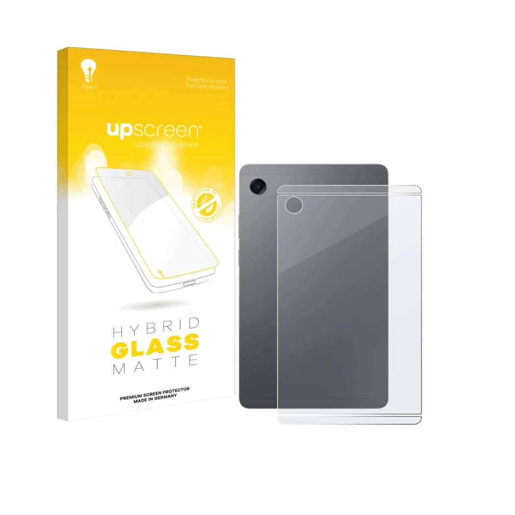 Parte frontal de un envase de producto con el logotipo de la marca upscreen. Al lado se muestra el dispositivo Samsung Galaxy 