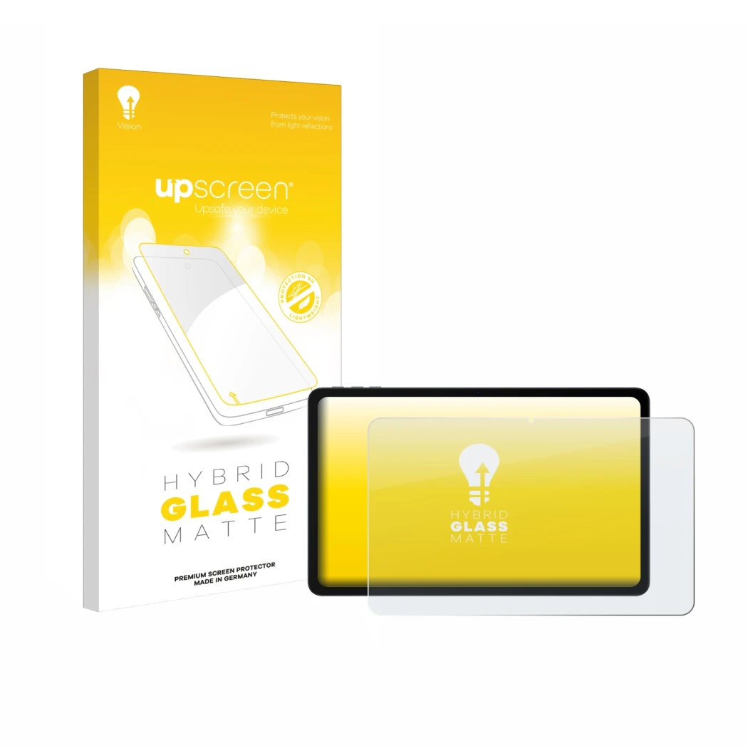 Parte frontal de un envase de producto con el logotipo de la marca upscreen. Al lado se muestra el dispositivo Doogee U12 con 