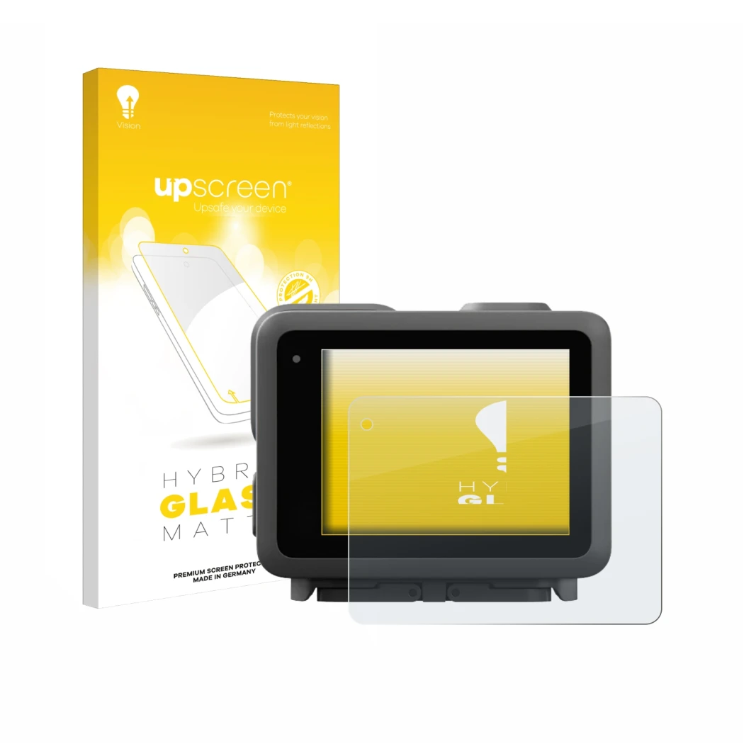 Parte frontal de un envase de producto con el logotipo de la marca upscreen. Al lado se muestra el dispositivo GoPro Lit Hero 