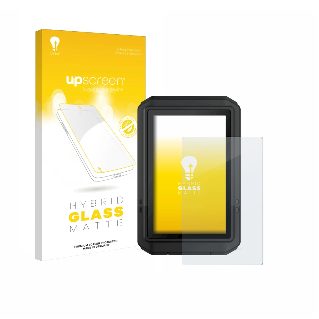 Parte frontal de un envase de producto con el logotipo de la marca upscreen. Al lado se muestra el dispositivo Garmin eTrex To