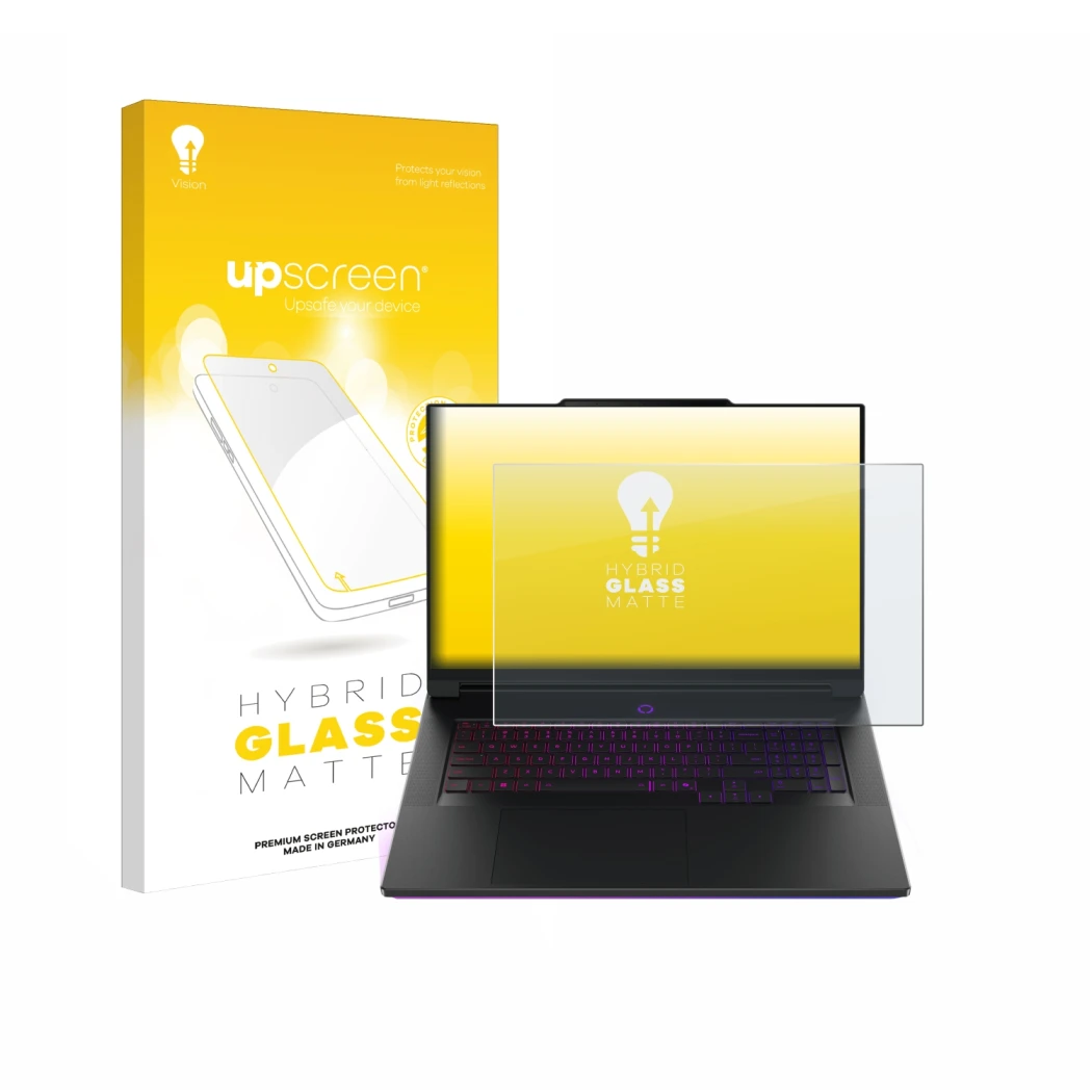 Parte frontal de un envase de producto con el logotipo de la marca upscreen. Al lado se muestra el dispositivo Lenovo Legion 9