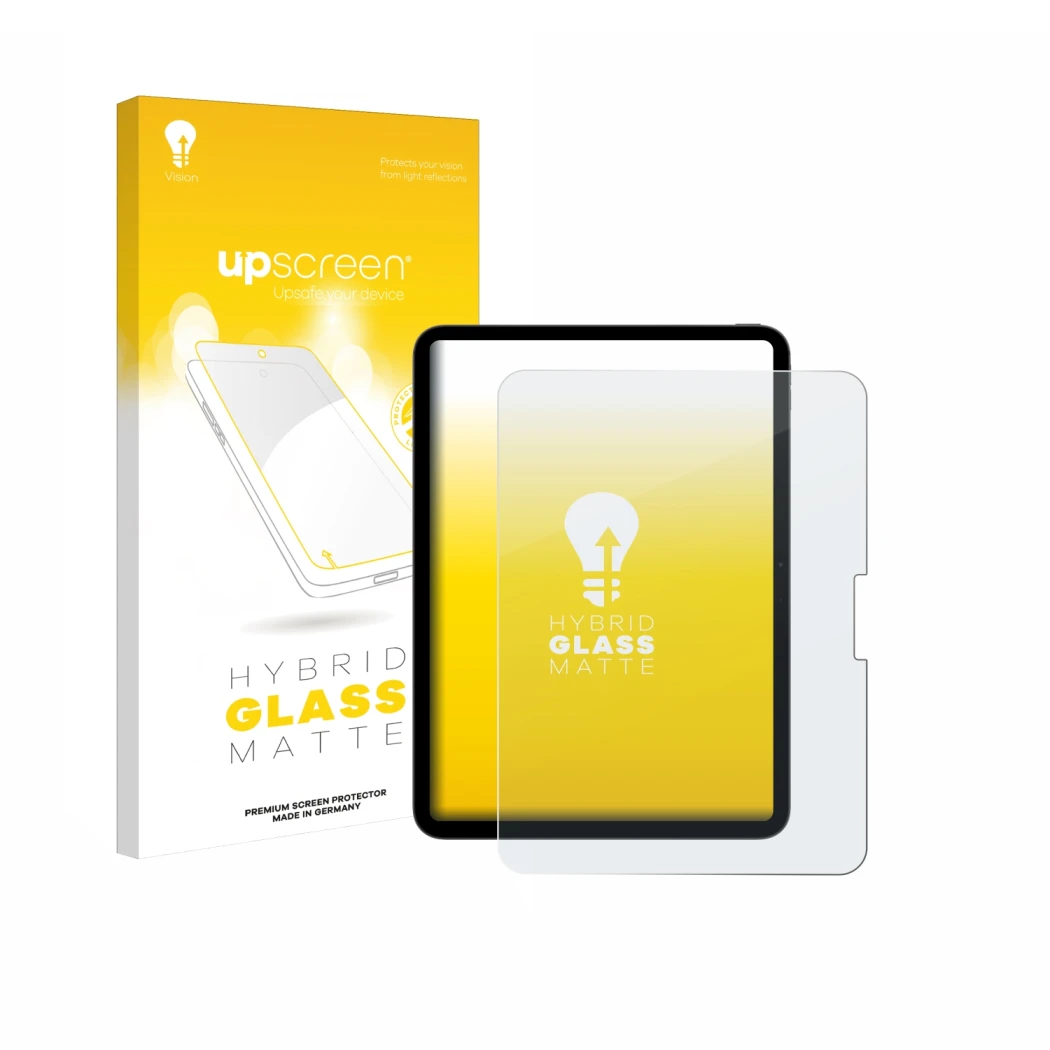 Parte frontal de un envase de producto con el logotipo de la marca upscreen. Al lado se muestra el dispositivo Apple iPad Pro 