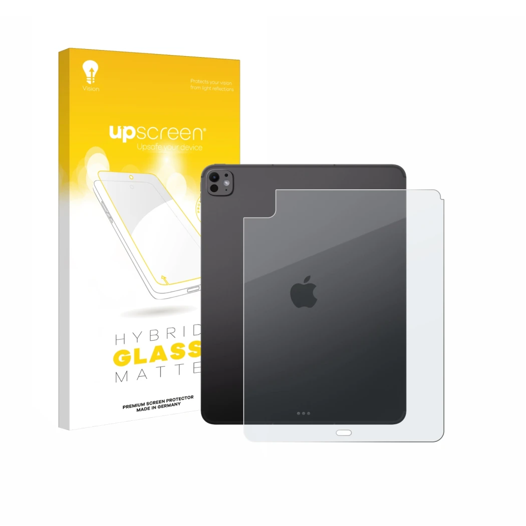 Parte frontal de un envase de producto con el logotipo de la marca upscreen. Al lado se muestra el dispositivo Apple iPad Pro 