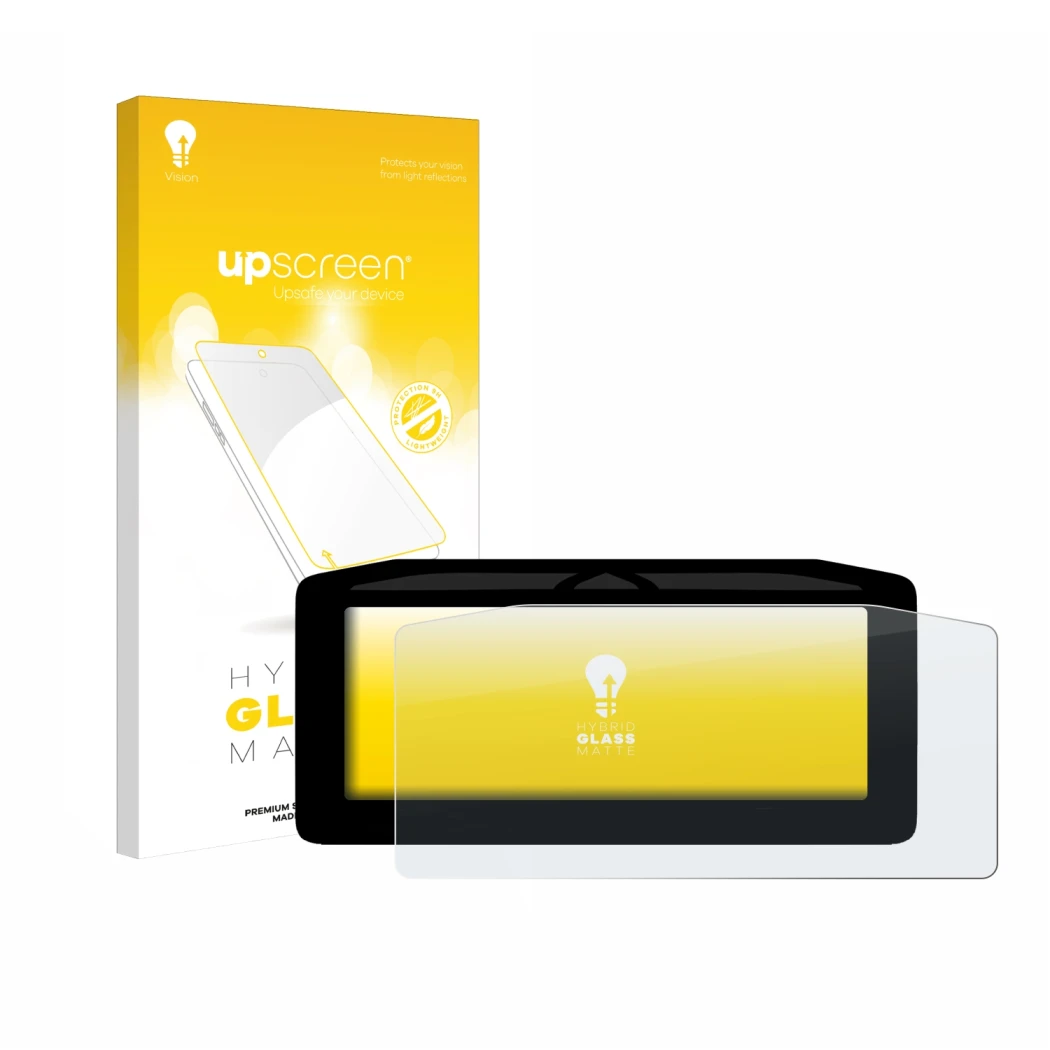 Parte frontal de un envase de producto con el logotipo de la marca upscreen. Al lado se muestra el dispositivo Ducati XDiavel 