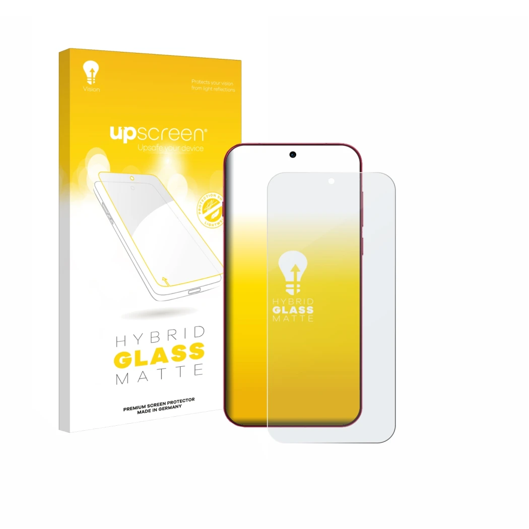 Parte frontal de un envase de producto con el logotipo de la marca upscreen. Al lado se muestra el dispositivo Oppo Find X9 co