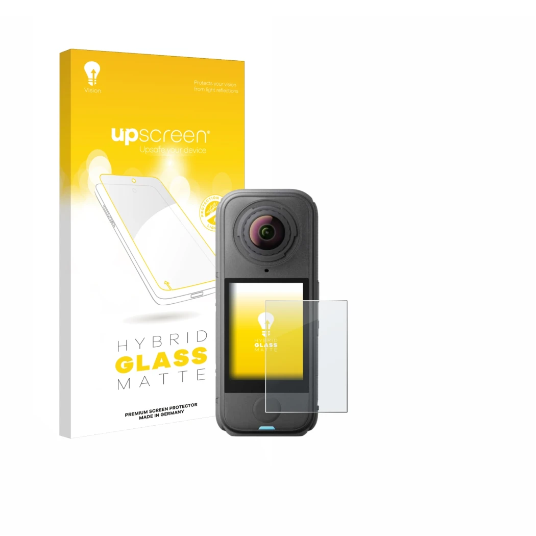 Parte frontal de un envase de producto con el logotipo de la marca upscreen. Al lado se muestra el dispositivo Insta360 X4 Air