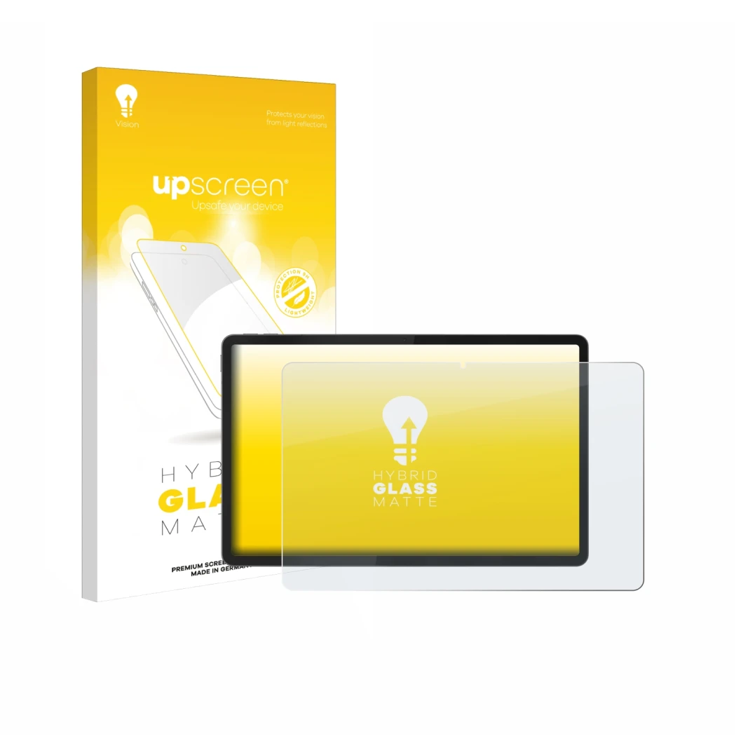 Parte frontal de un envase de producto con el logotipo de la marca upscreen. Al lado se muestra el dispositivo Lenovo Idea Tab