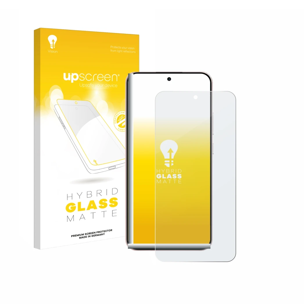 Parte frontal de un envase de producto con el logotipo de la marca upscreen. Al lado se muestra el dispositivo Oppo Reno 14 co