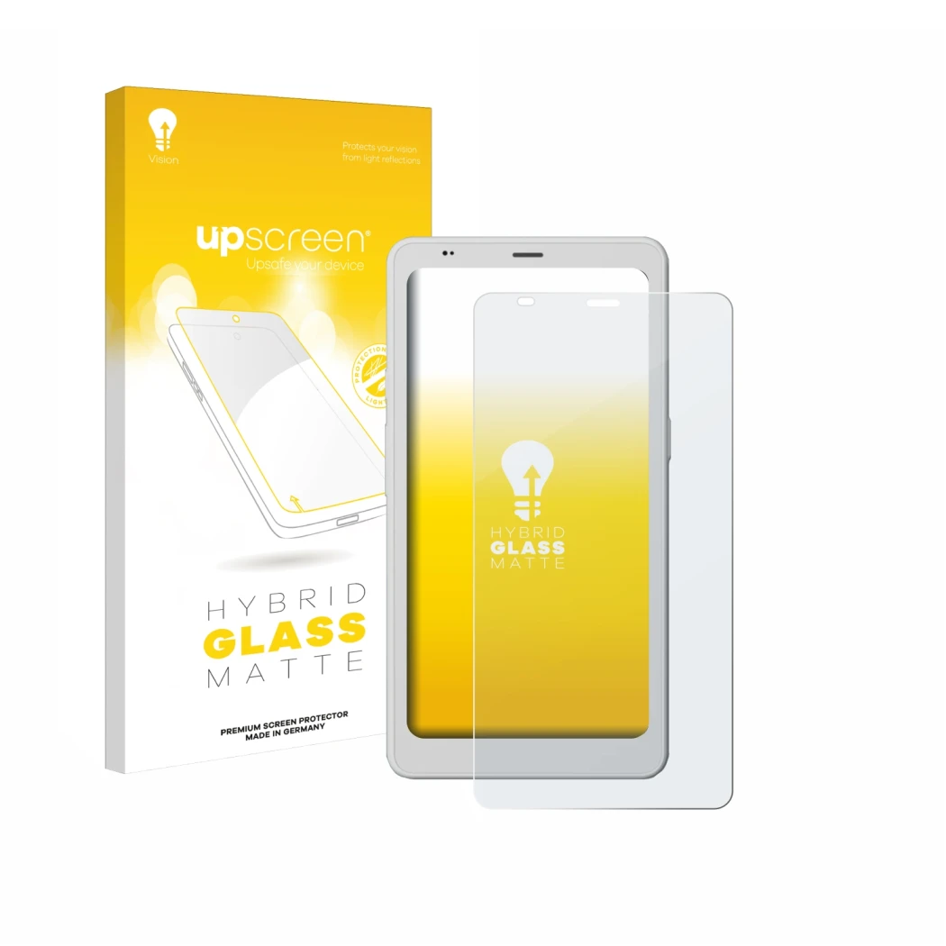 Parte frontal de un envase de producto con el logotipo de la marca upscreen. Al lado se muestra el dispositivo Boox Palma 2 Pr