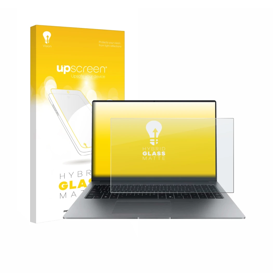 Parte frontal de un envase de producto con el logotipo de la marca upscreen. Al lado se muestra el dispositivo Honor MagicBook