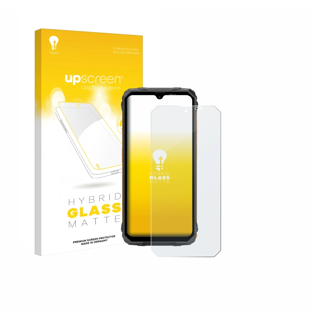 Parte frontal de un envase de producto con el logotipo de la marca upscreen. Al lado se muestra el dispositivo Blackview Fort 