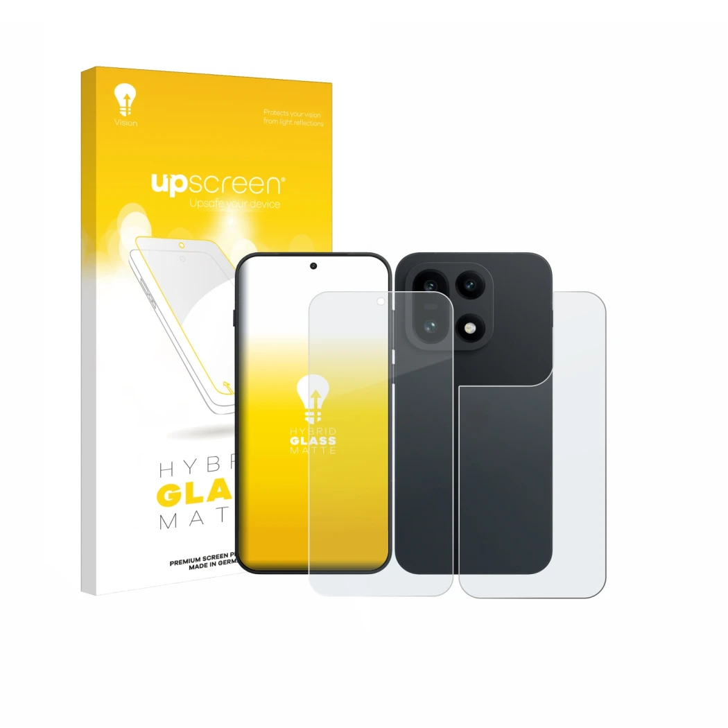 Parte frontal de un envase de producto con el logotipo de la marca upscreen. Al lado se muestra el dispositivo OnePlus 15 (Fro