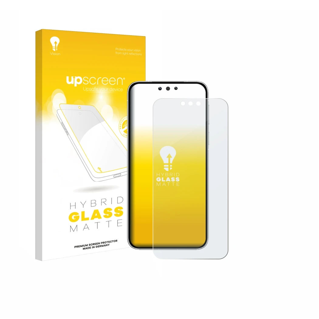 Parte frontal de un envase de producto con el logotipo de la marca upscreen. Al lado se muestra el dispositivo Huawei Mate 80 