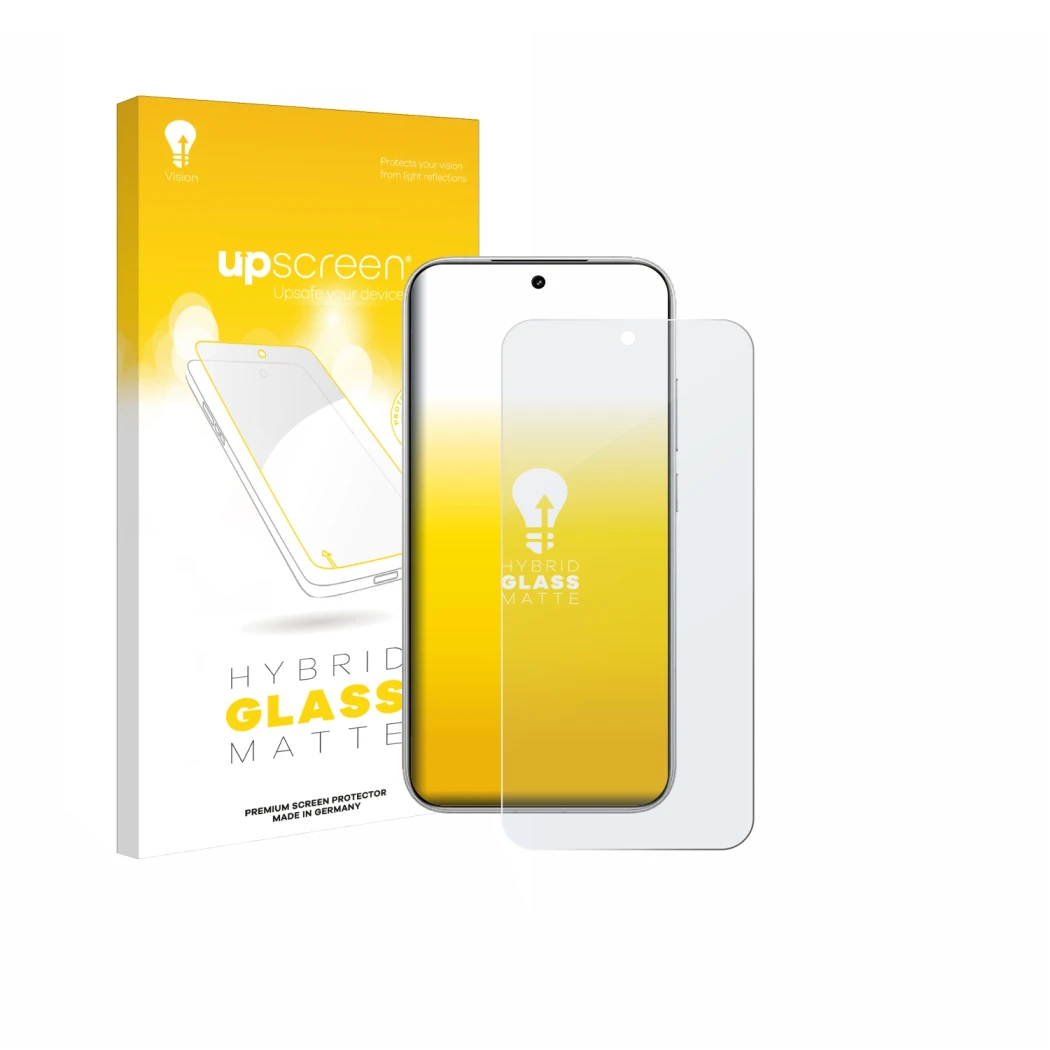 Parte frontal de un envase de producto con el logotipo de la marca upscreen. Al lado se muestra el dispositivo Xiaomi Poco F8 