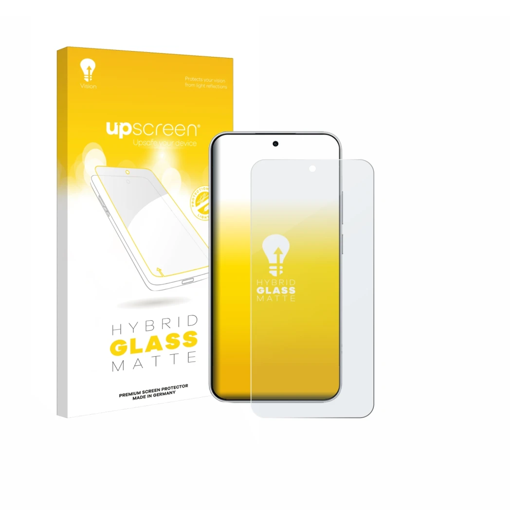 Parte frontal de un envase de producto con el logotipo de la marca upscreen. Al lado se muestra el dispositivo Xiaomi Redmi No