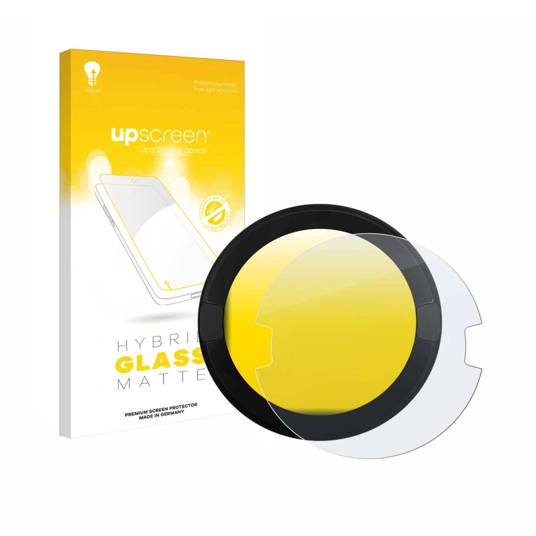 Parte frontal de un envase de producto con el logotipo de la marca upscreen. Al lado se muestra el dispositivo OOONO P-DISC NO