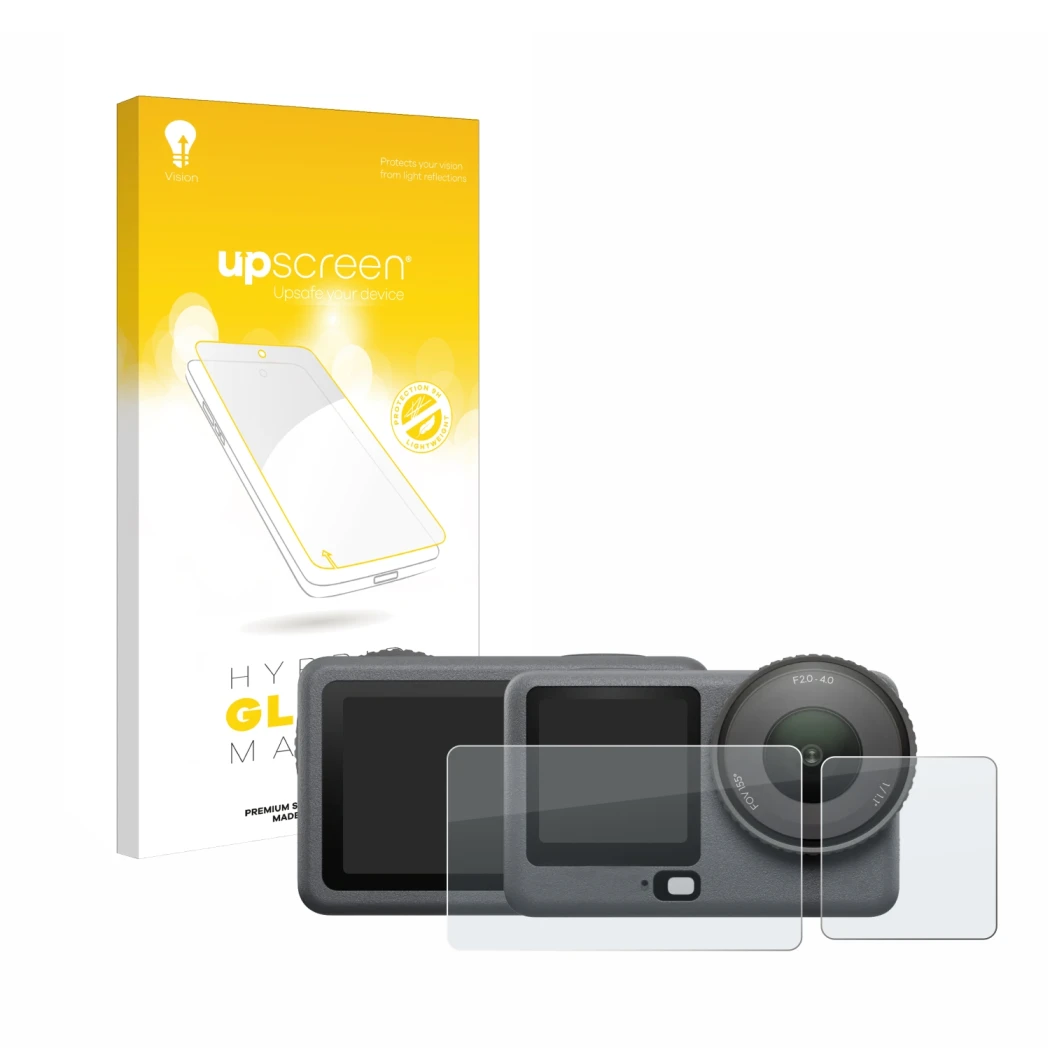 Parte frontal de un envase de producto con el logotipo de la marca upscreen. Al lado se muestra el dispositivo DJI Osmo Action