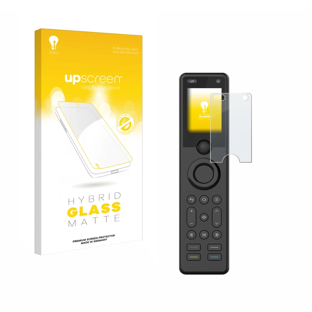 Parte frontal de un envase de producto con el logotipo de la marca upscreen. Al lado se muestra el dispositivo Sofabaton X1S c